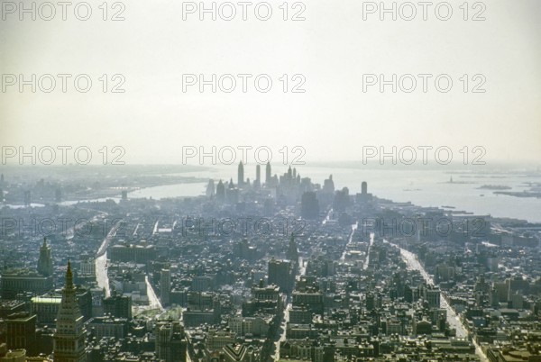 View from Empire State Building towards skyscraper of Lower Manhattan, New York, NY State, USA c 1953.