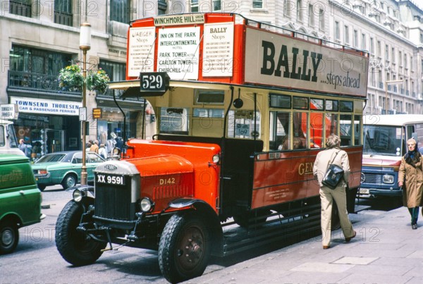 Historic bus built 1925, preserved Dennis AEC NS-type bus, NS1995 fleet number D142, Regent Street, London, England, UK 1970s.