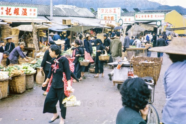 Street vegetable market, Tai Po, New Territories, Hong Kong, Asia, 1964.