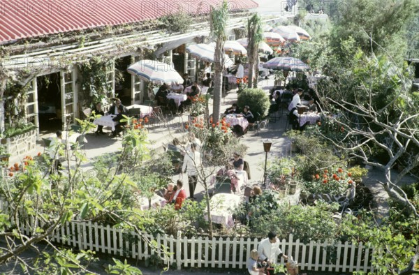 Looking down on people at the The Peak Lookout restaurant, The Peak, Hong Kong, Asia, 1965.