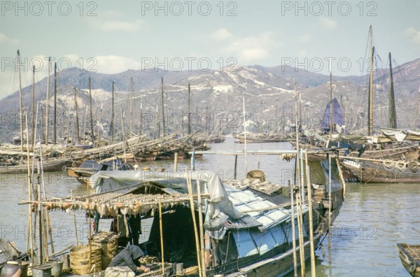 Fishing boats Chinese junks ships in harbour, Macau, Asia 1964.