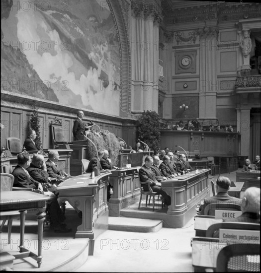 Berne, Enrico Celio, member of the federal council delivering a speach, 75th anniversary of the Universal Postal Union, 1949