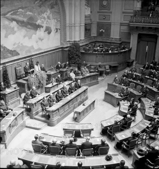 Berne, Enrico Celio, member of the federal council delivering a speach, 75th anniversary of the Universal Postal Union, 1949