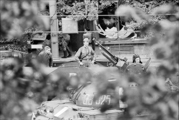 Prague 1968 after the invasion of the Warsaw Pact troops: Soviet tanks