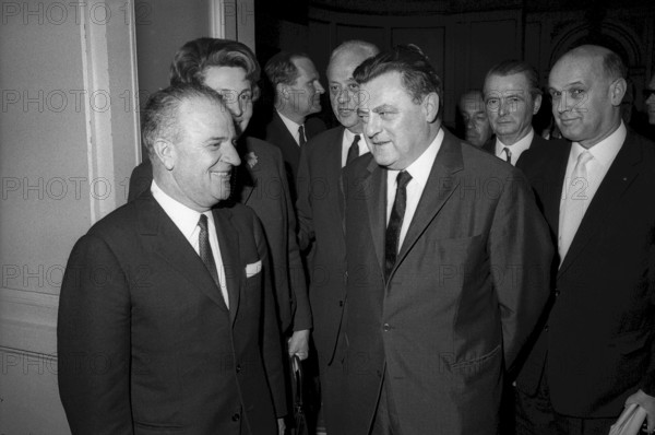 Federal Councilor Celio and Franz Josef Strauss at congress hall Kongresshaus, 1967