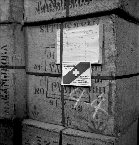 Tea chests in the Renens duty free warehouse 1945