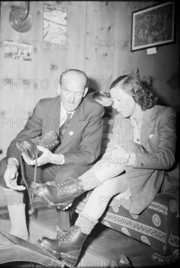 Himalayas expedition 1947: Dittert and Lohner trying the climbing boots on