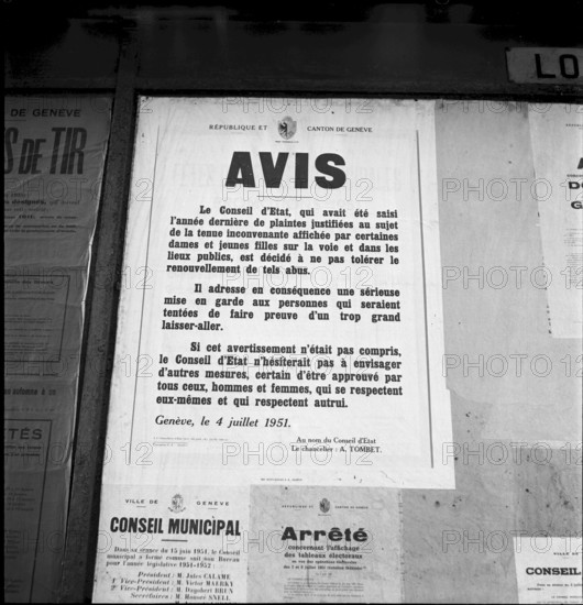 Official notification by Geneva cantonal government concerning indecorous clothing of women and girls, 1951