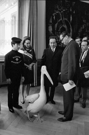 Diplomatic reception in Zurich 1968: pelican ""Jason"" as ambassador of Rhodes, S. Widmer