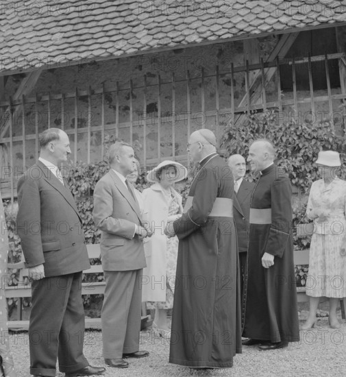 Federal Councillors greet the diplomatic body at Gruyeres castle 1957