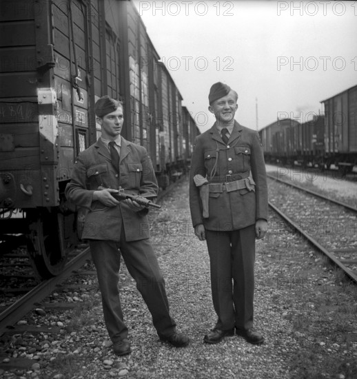 Belgian soldiers escorting train of Red Cross, Basle 1945