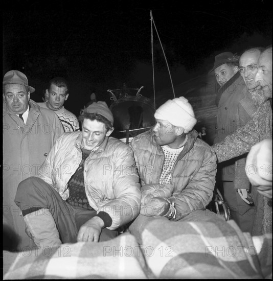 First ascent of the Matterhorn North Face in winter, 1962: Hilti von Allmen (with frostbites on hands) and Paul Etter