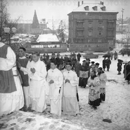 The bishop of Lourdes consecrating Maria Lourdes church in Zurich Seebach, 1952