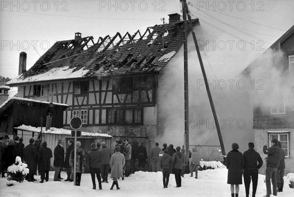 Fire at a historical half-timbered house in Langnau 1968