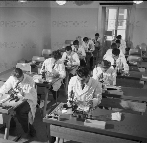 Working at the microscope at school for chemist in Neuchatel 1951
