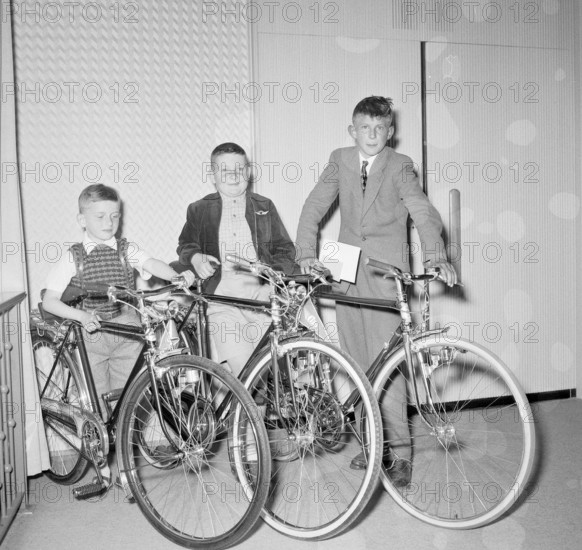 Lausanne, three boys with bicycles, 1955