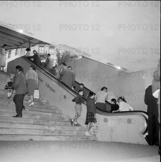 Lucerne railway station, escalator from the subway to the square 1959