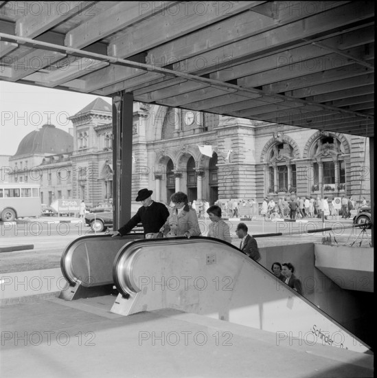 Lucerne railway station, escalator from the subway to the square 1959
