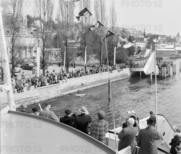 Maiden voyage of MS Linth, Lake Zurich, shipping pier Zollikon 1952