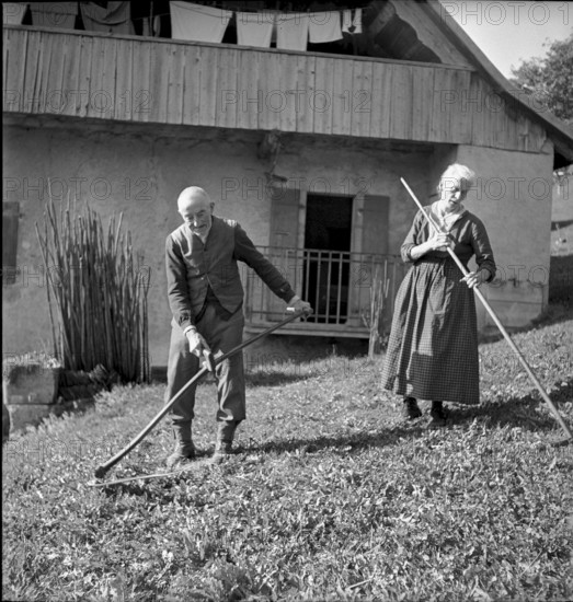 Old couple cutting grass near Romainmotier 1942