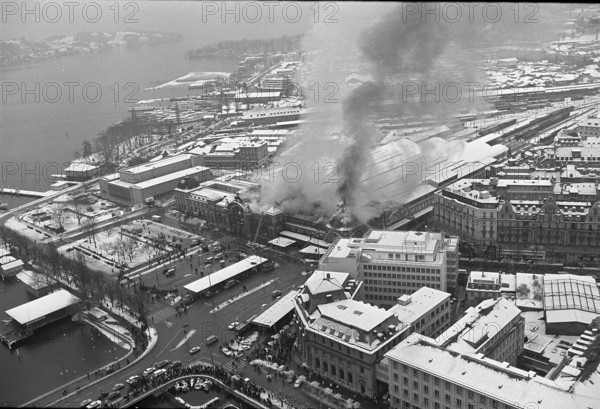 Lucerne main railway station on fire, 1971