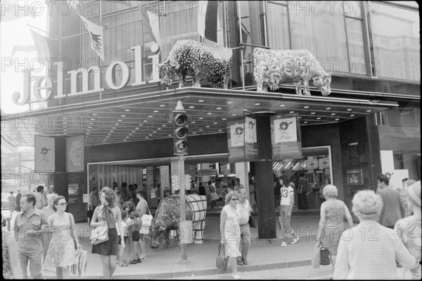 Gypsum cows painted by artist Samuel Buri at Jelmoli's in Zurich 1972
