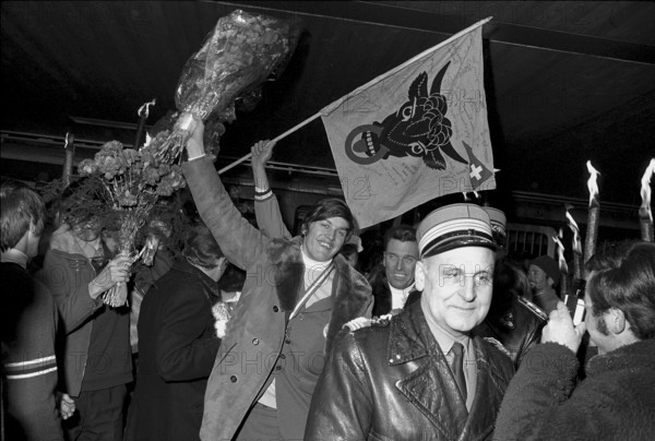 Reception for downhill world champion Bernhard Russi, Andermatt 1970