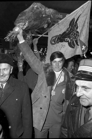 Reception for downhill world champion Bernhard Russi, Andermatt 1970