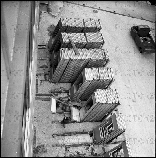 Front of high-rise building of watch company Langendorf SA built in one day, 1957