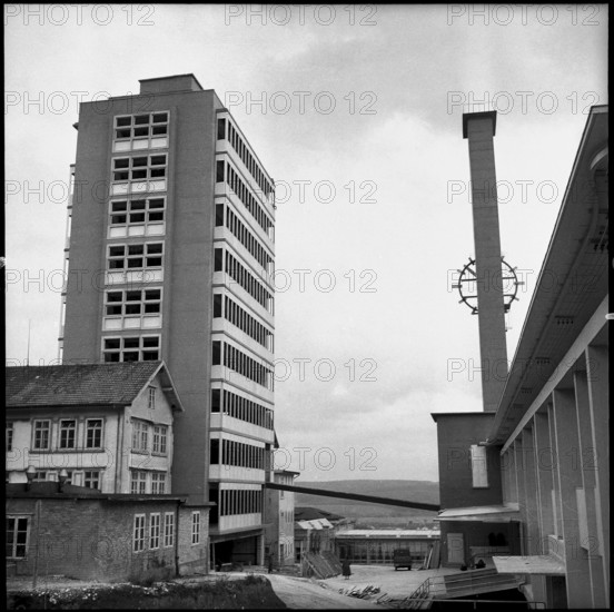 Front of high-rise building of watch company Langendorf SA built in one day, 1957
