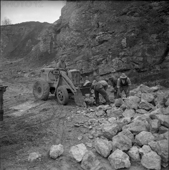 Stones to rebuild dykes after flooding in Holland, stone quarry Lagern, 1953