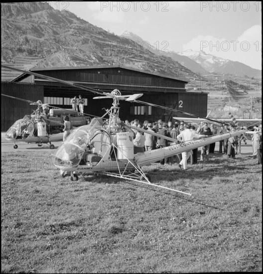 Crop duster, insecticide spraying to combat cockchafer in Valais 1957