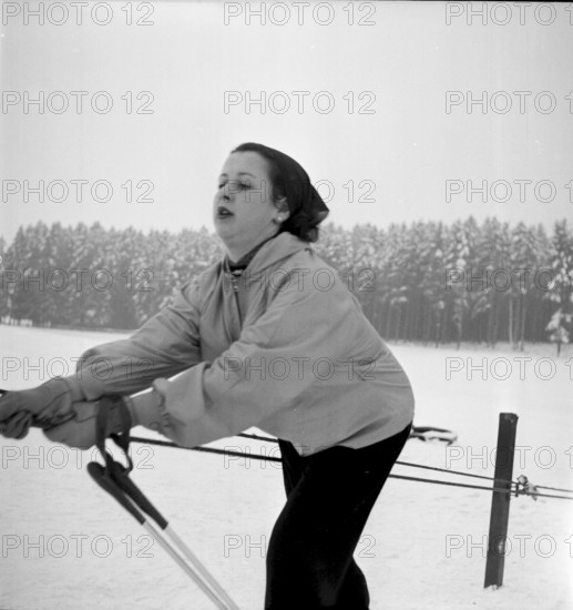 Woman on ski lift at Chalet-a-Gobet, Lausanne 1952