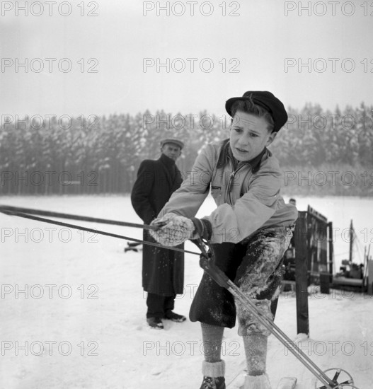 Boy at ski lift at Chalet-a-Gobet, Lausanne 1952