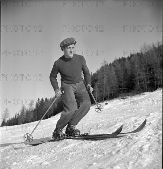 Ski instructor shows proper way to ski, Davos 1940
