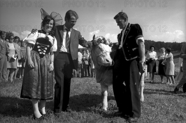 Floralp sales campaign, competition winner recieving a cattle, Burgdorf 1970