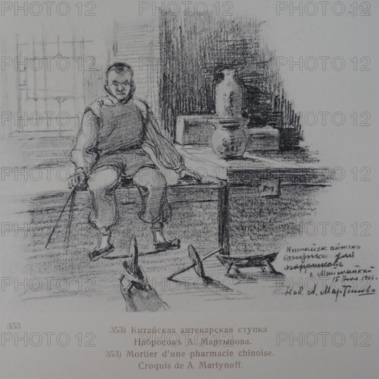 Chinese Apothecary Mortar Sketch by Martynov 1906