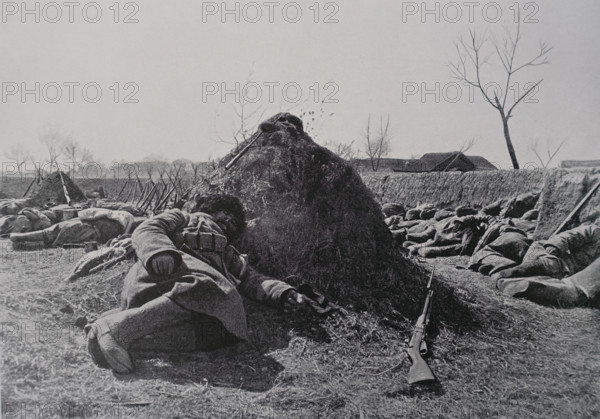 Reserves of the 97th Livonian Infantry Regiment under enemy fire near the village of Yuhuantun on February 21, 1905