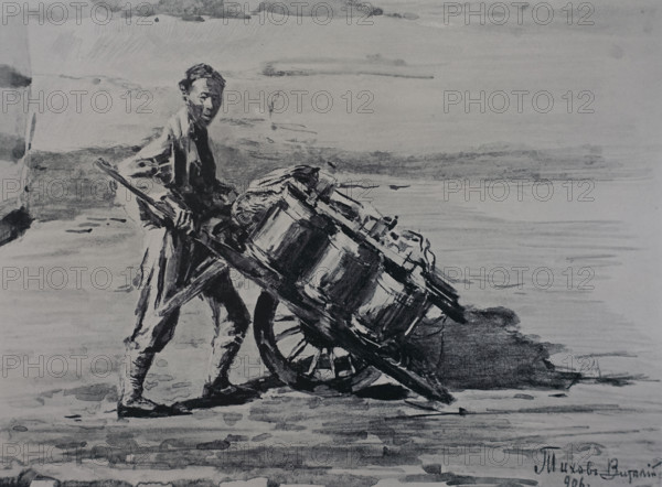 Transporting heavy loads on a Chinese wheelbarrow Siege of Port Arthur Vitaly Tikhov (1876-1939)