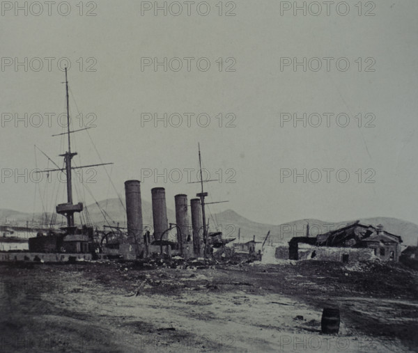 Cruiser Bayan, damaged and burned by Japanese shells Photograph by Lieutenant Kondrashov
