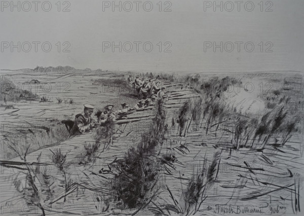 Russian riflemen opens fire from a camouflaged trench Vitaly Tikhov (1876-1939)