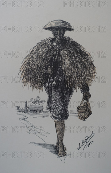 Chinese villager in a straw raincoat Sketch by Martynov