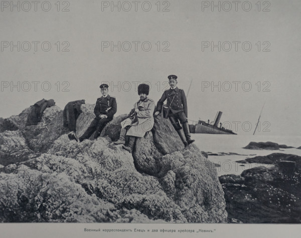 War correspondent Yelets and two officers of the cruiser Novik Illustration from the Port Arthur Album 1904-1905, St Petersburg