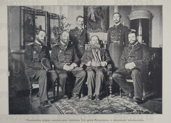 The head of the destroyer detachment, Captain First Rank Matusevich, and the destroyer commanders Illustration from the Port Arthur Album 1904-1905, St Petersburg