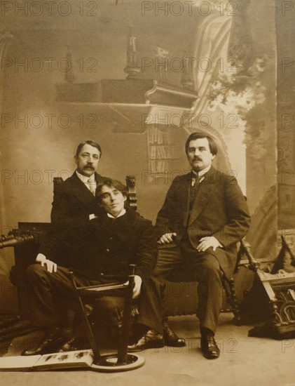 Matyushin Mikhail, Kazimir Malevich  and Alexei Kruchenykh after the premiere of the futurist opera Victory Over the Sun 1913