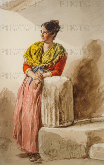 Italian woman warming her hands over coals End of 1820s Bryullov Karl Pavlovich (1799-1852) Italian album