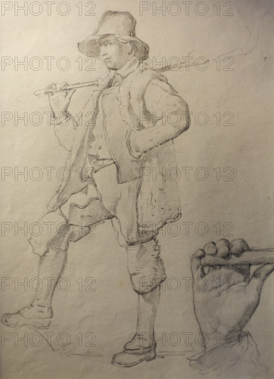 Shepherd in Mastrouk with a staff on his shoulder Hand holding a staff  Last 1820-s  Bryullov Karl Pavlovich (1799-1852) Italian album