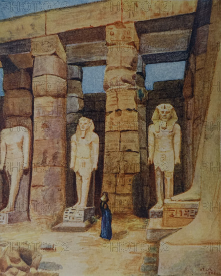 Colossi of Ramses II in the Luxor Temple Luxor Illustration from the book ""In the Land of Amon-Ra Essays on Egypt"" Author AN Lvov