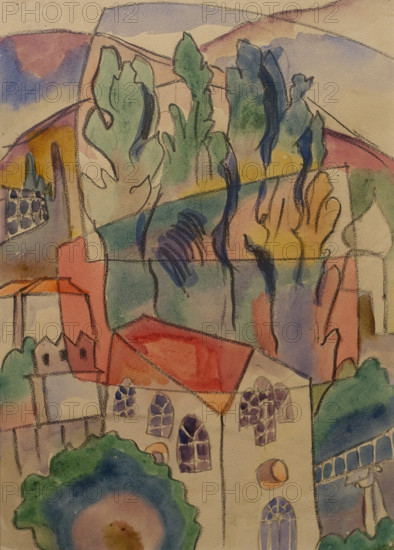 Buildings and pyramidal poplars 1916 Aristarkh Lentulov (1882-1943) Watercolor