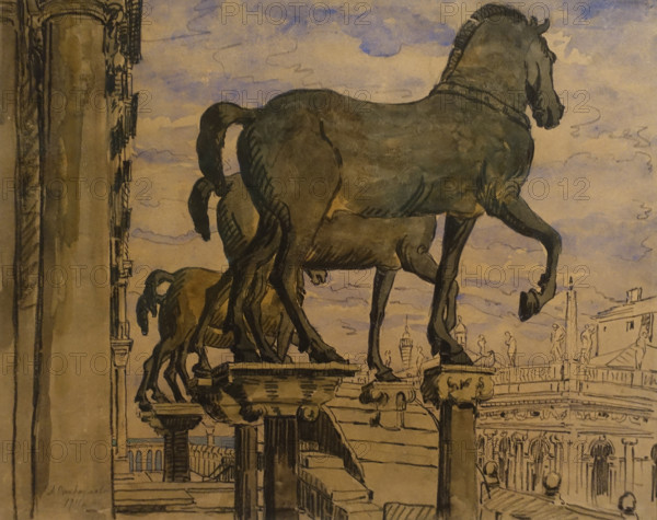 Horses on the facade of Saint Mark's Basilica in Venice 1911  Anna Ostroumova-Lebedeva (1871-1955) Watercolor